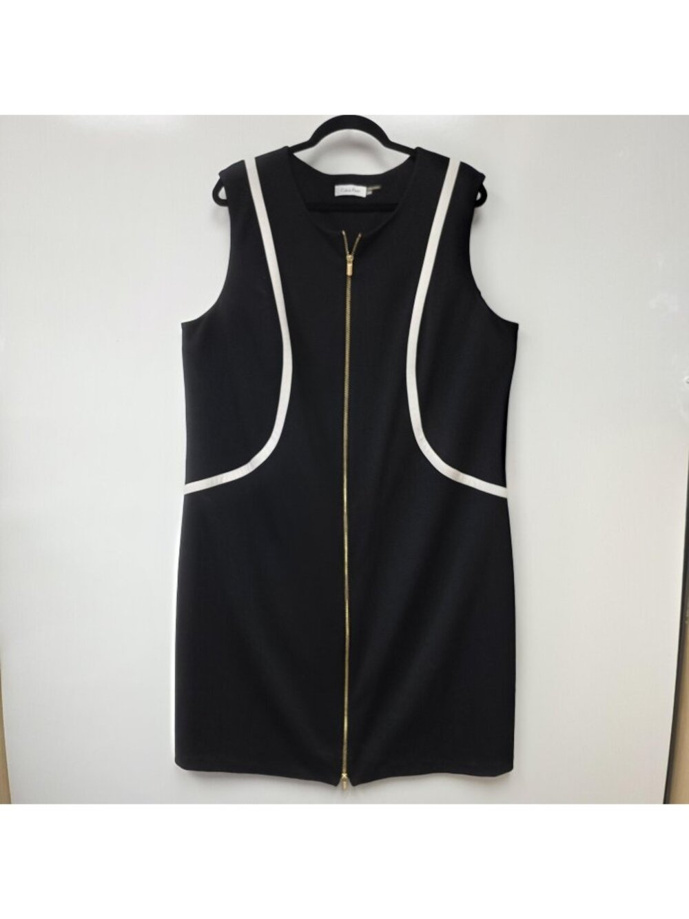 Calvin Klein Dress Womens 22W Black Sheath Sleeveless Zip Front Contrast Trim
